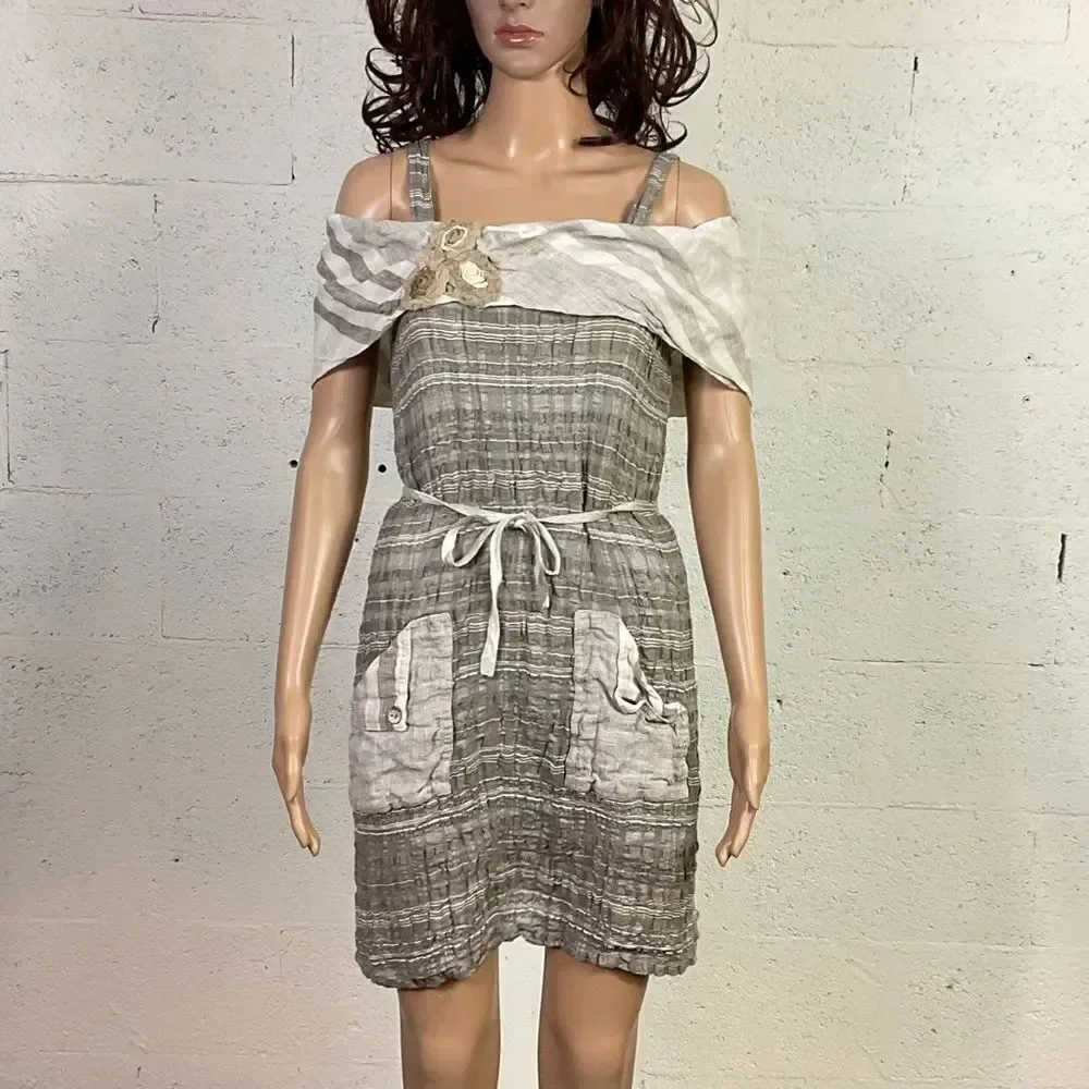 Marila Italy Linen Tan Ivory Cold Shoulder Short Sleeve Mini Dress S/M